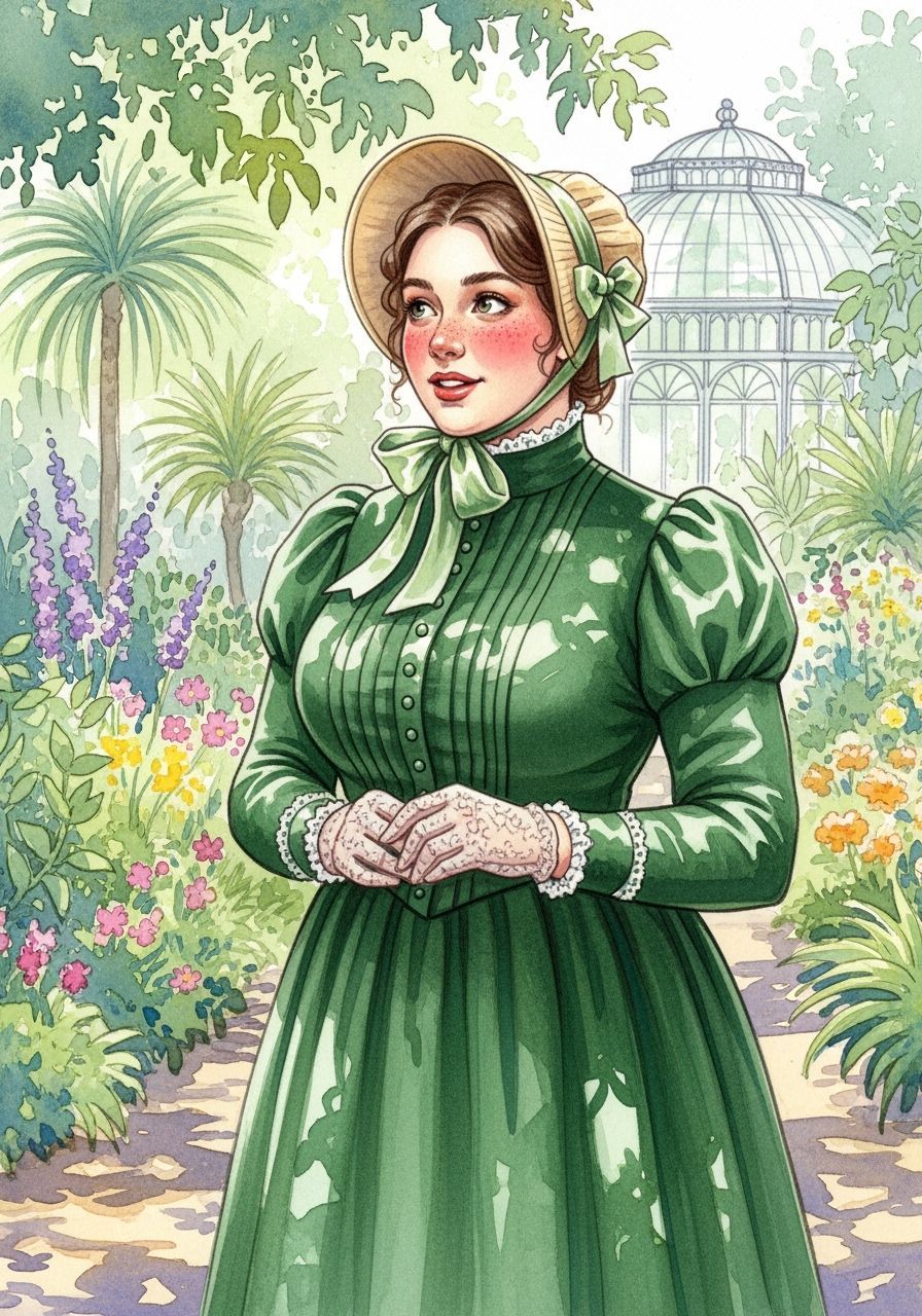 Victorian Woman in Emerald Garden, Watercolor Painting