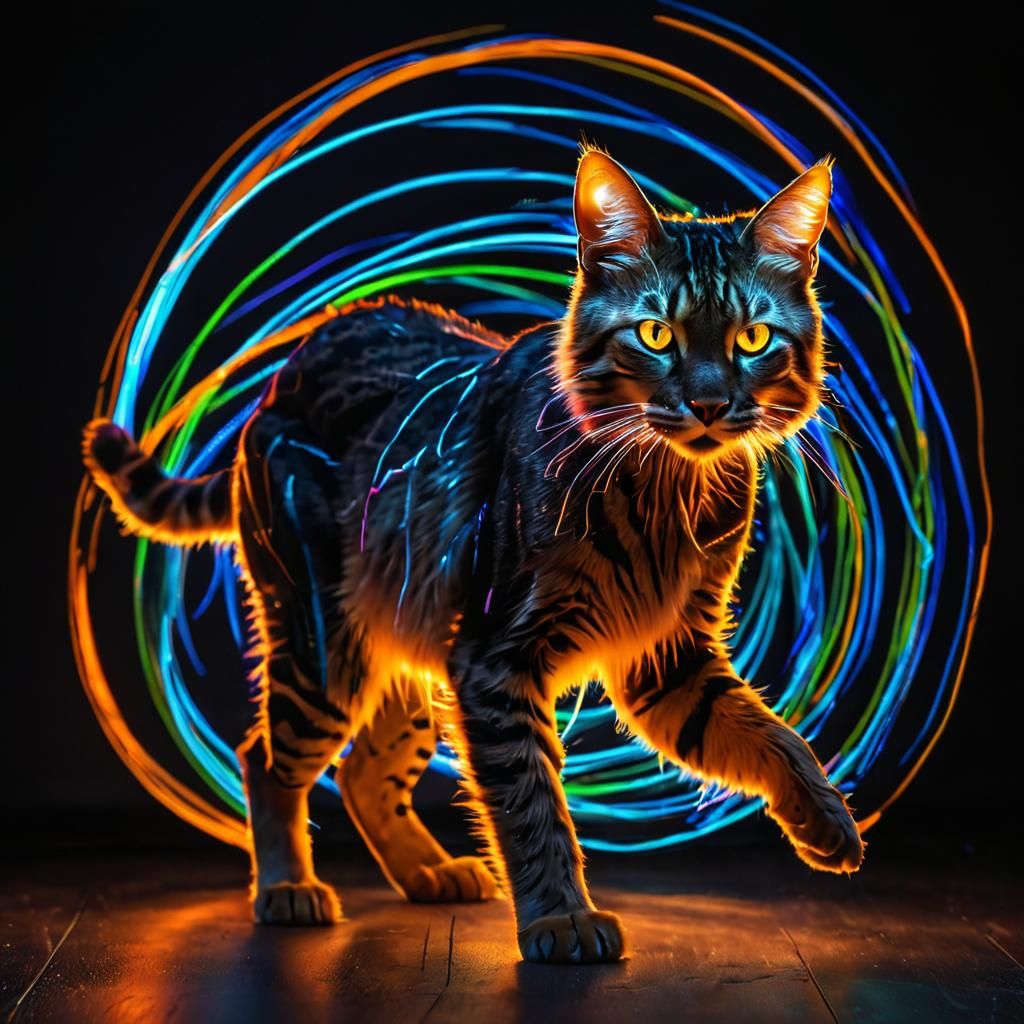 Neon Cat Made of Light Trails in Surreal Style