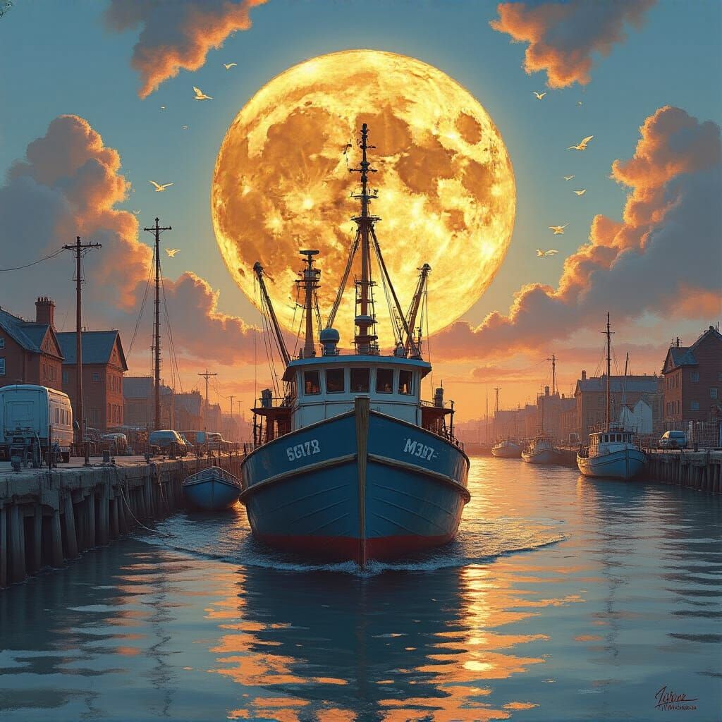 Fishing Boat at Golden Hour as Oil Painting