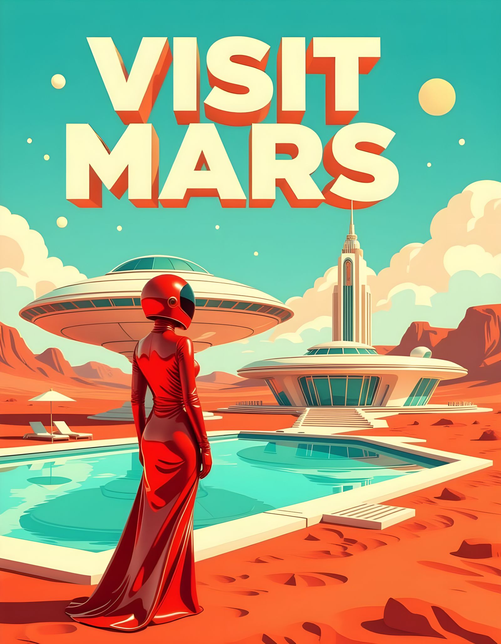 Visit Mars Art Deco Travel Poster with Martian Woman