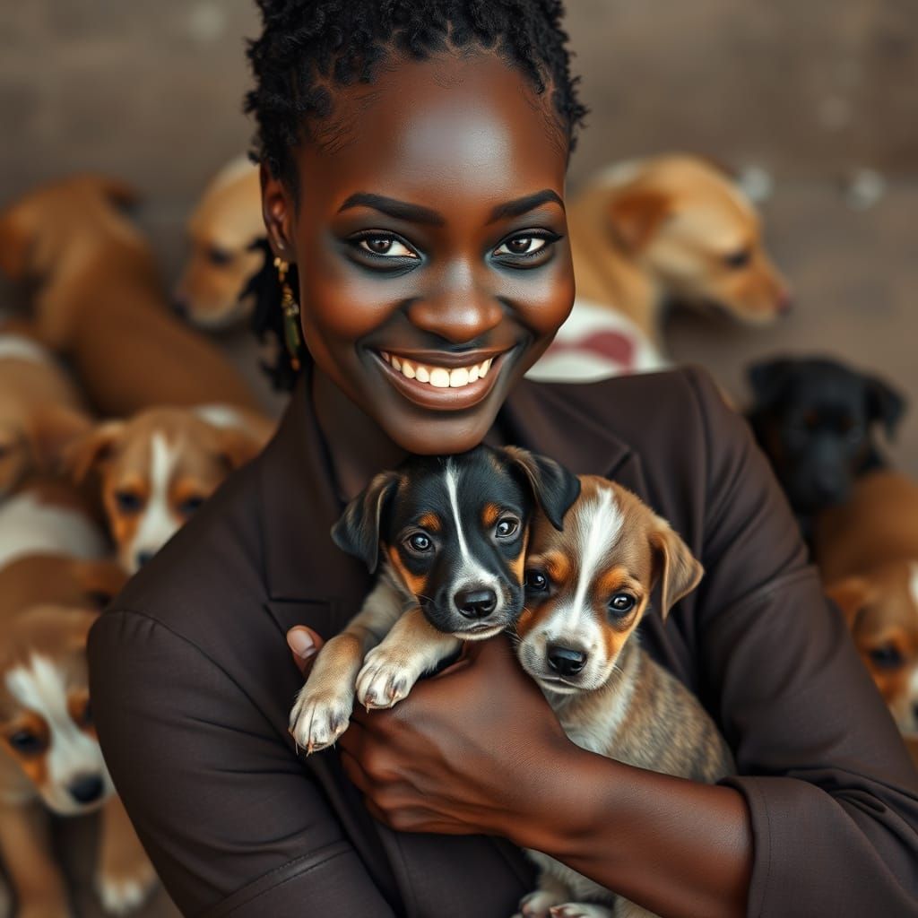 Warm Smile of a Dark Skinned Mother with Puppy