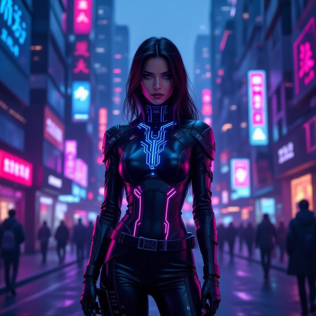 Cyberpunk Model in Neon City, Digital Painting