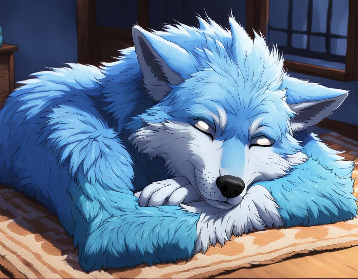 Light Blue Anthro Wolf Sleeping at Home in Anime Style