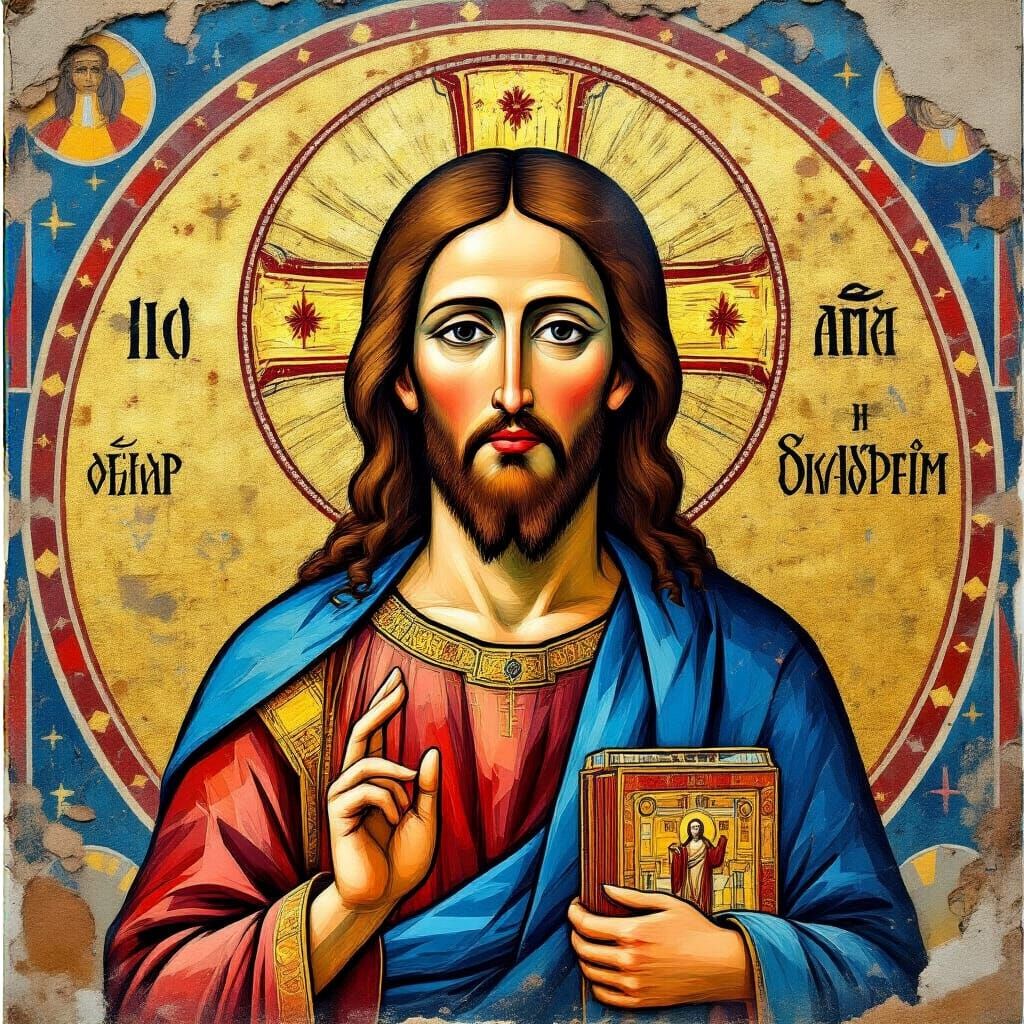 Radiant Jesus Mosaic Portrait in Gouache Style