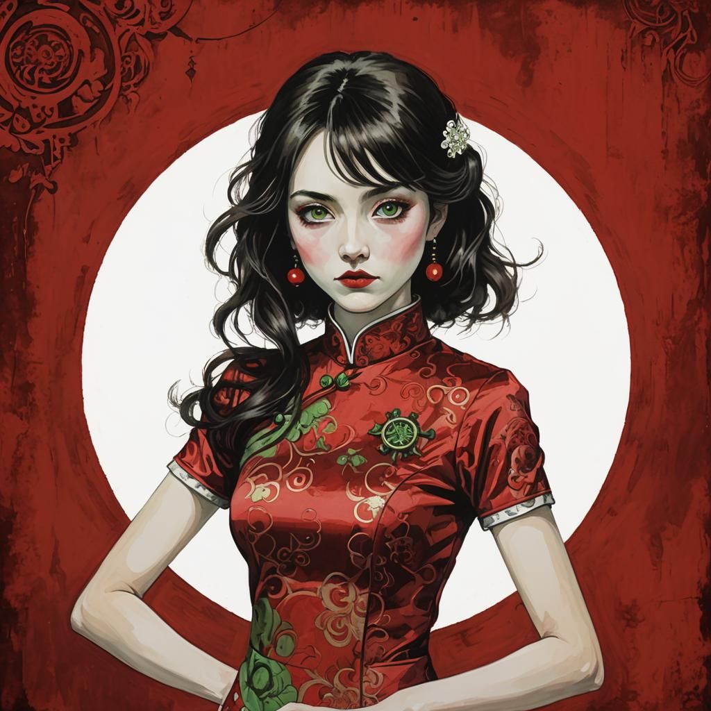 Gothic Woman in Cheongsam: Mixed Media Portrait