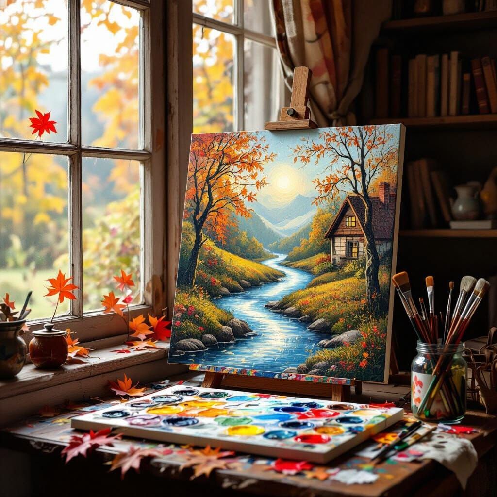 Cozy Cottage Interior with Magical Autumn Canvas