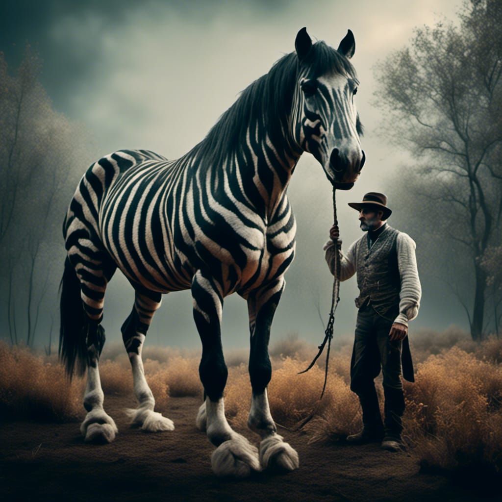 Tiger-Striped Draft Horse in Cinematic Film Still