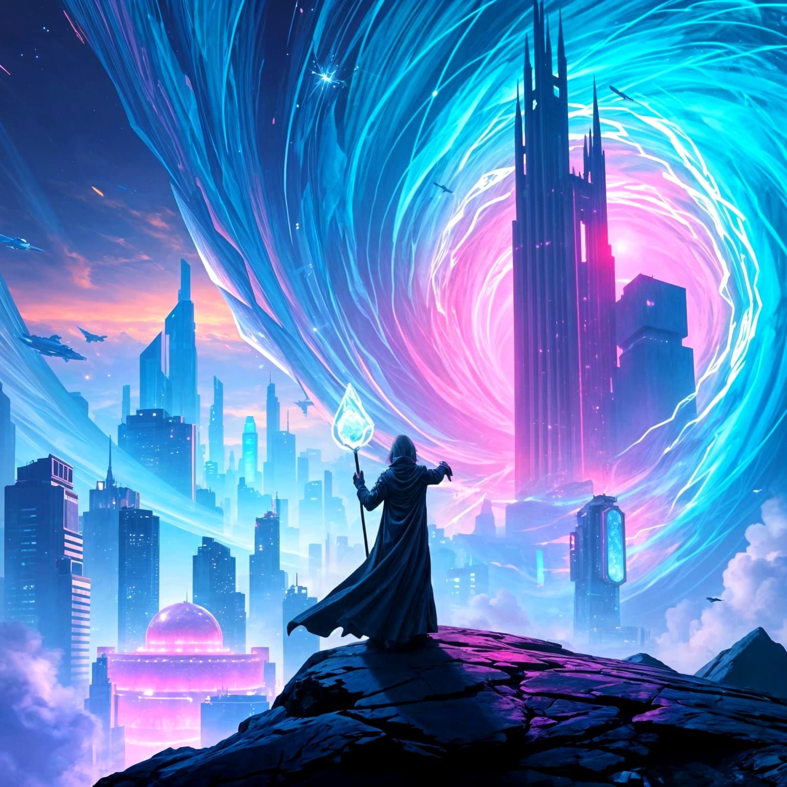 Tech Wizard in a Cyberpunk Landscape