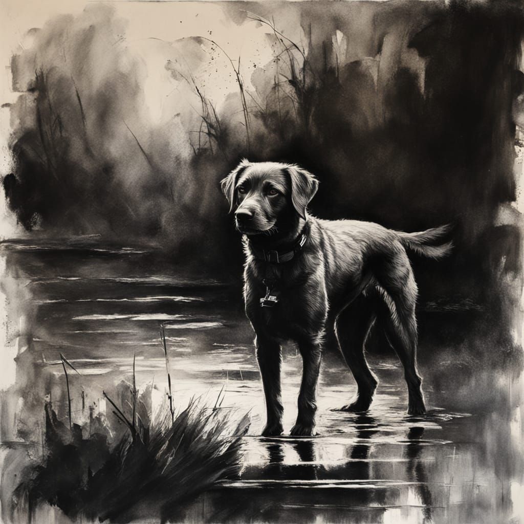 Masterful Charcoal Drawing of a Dog Drinking Water in Chiaro...