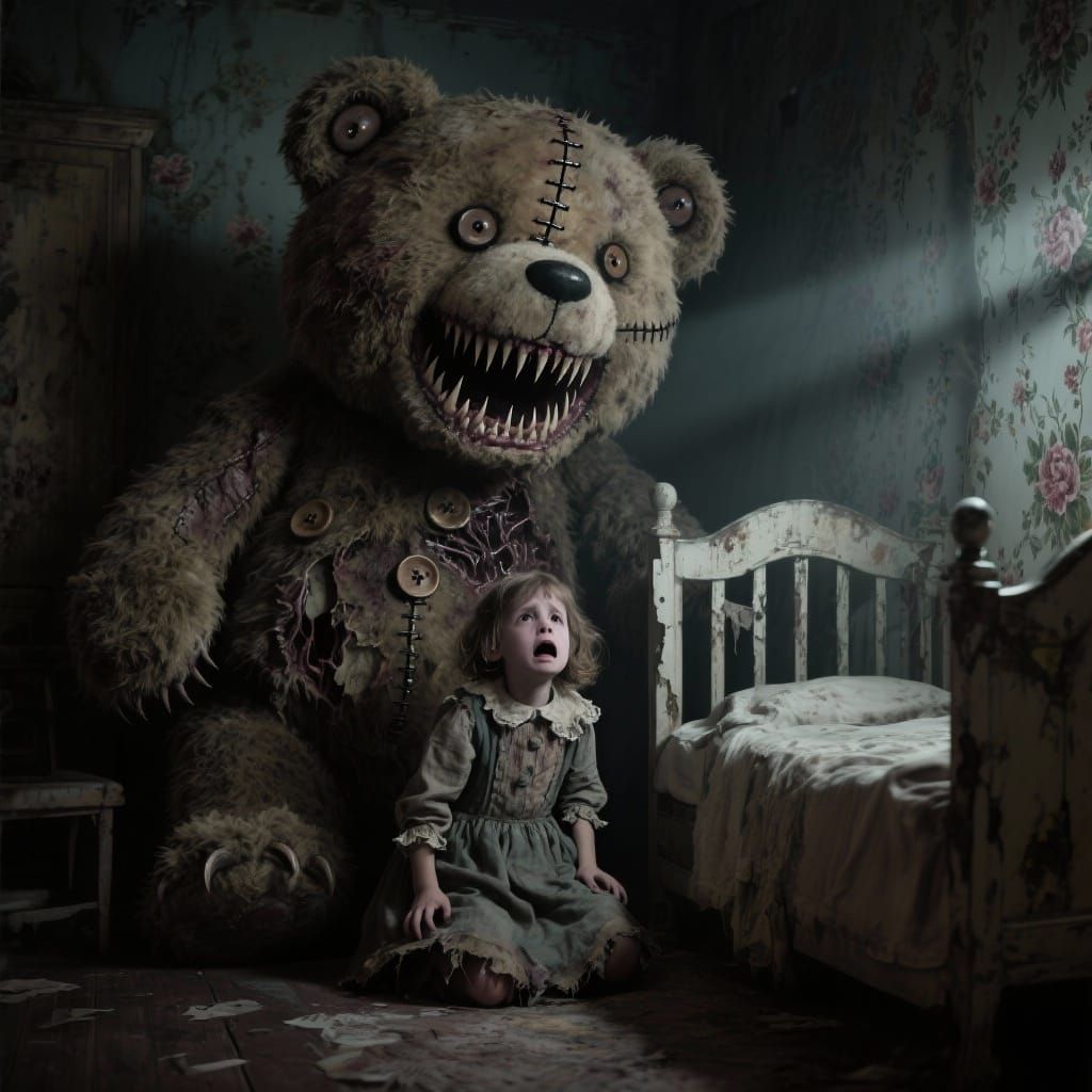 Terrified Child Faces Grotesque Teddy Bear in Dark Nursery