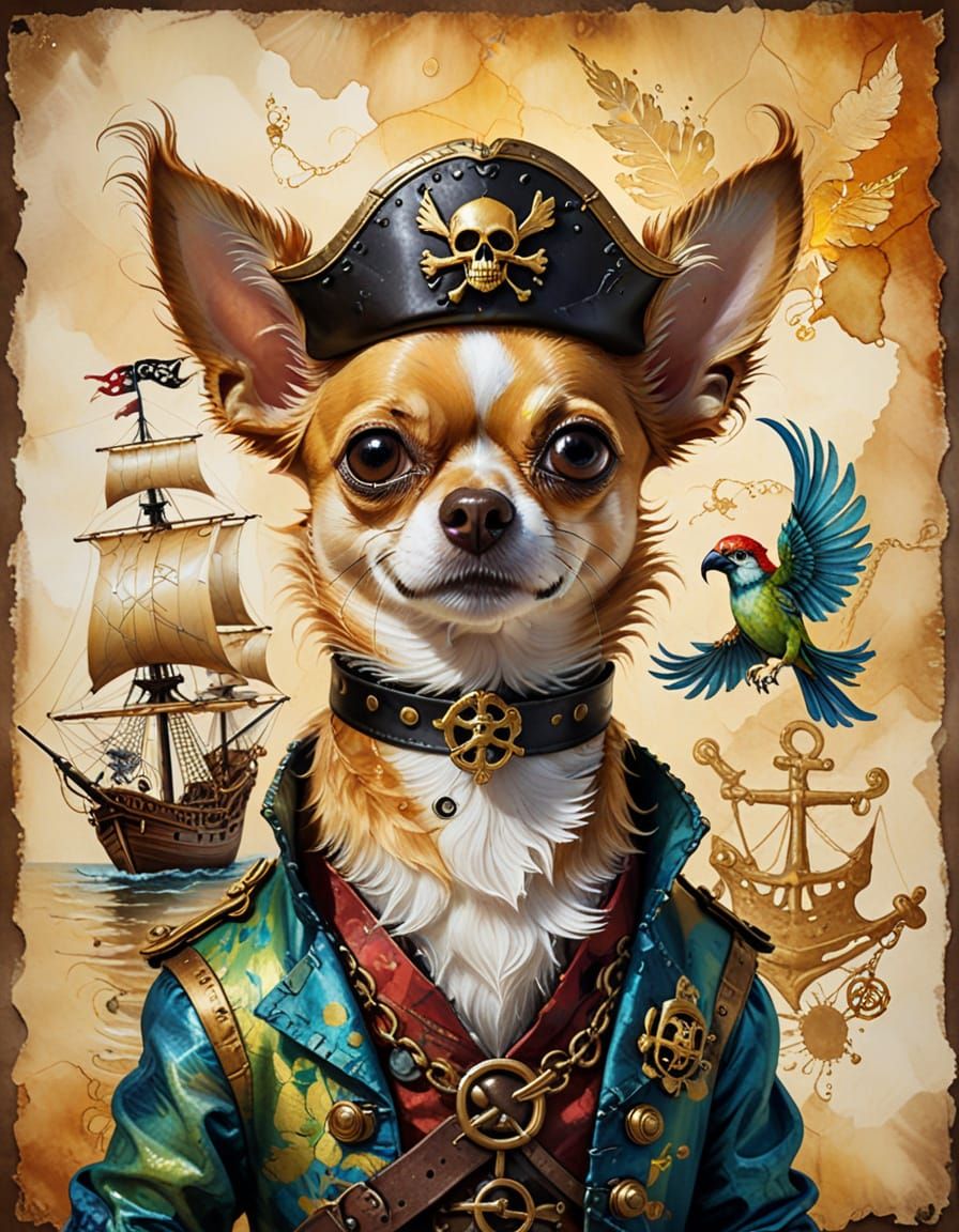 Chihuahua Pirate on Ship in Surrealist Alcohol Ink Style