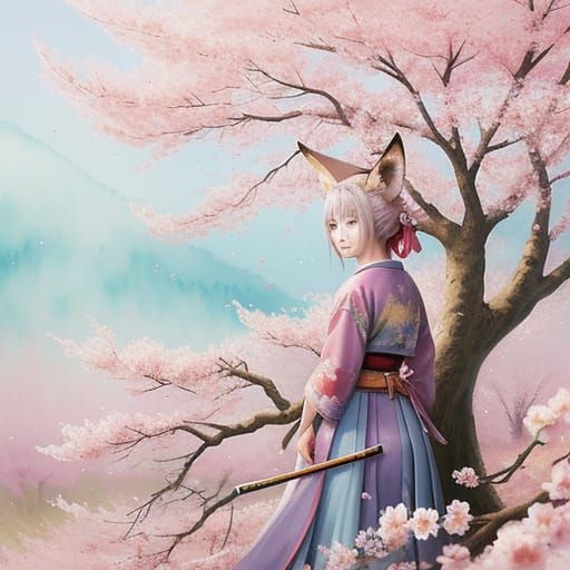 Fox Samurai in Cherry Blossoms: Ghibli-Style Anime Art