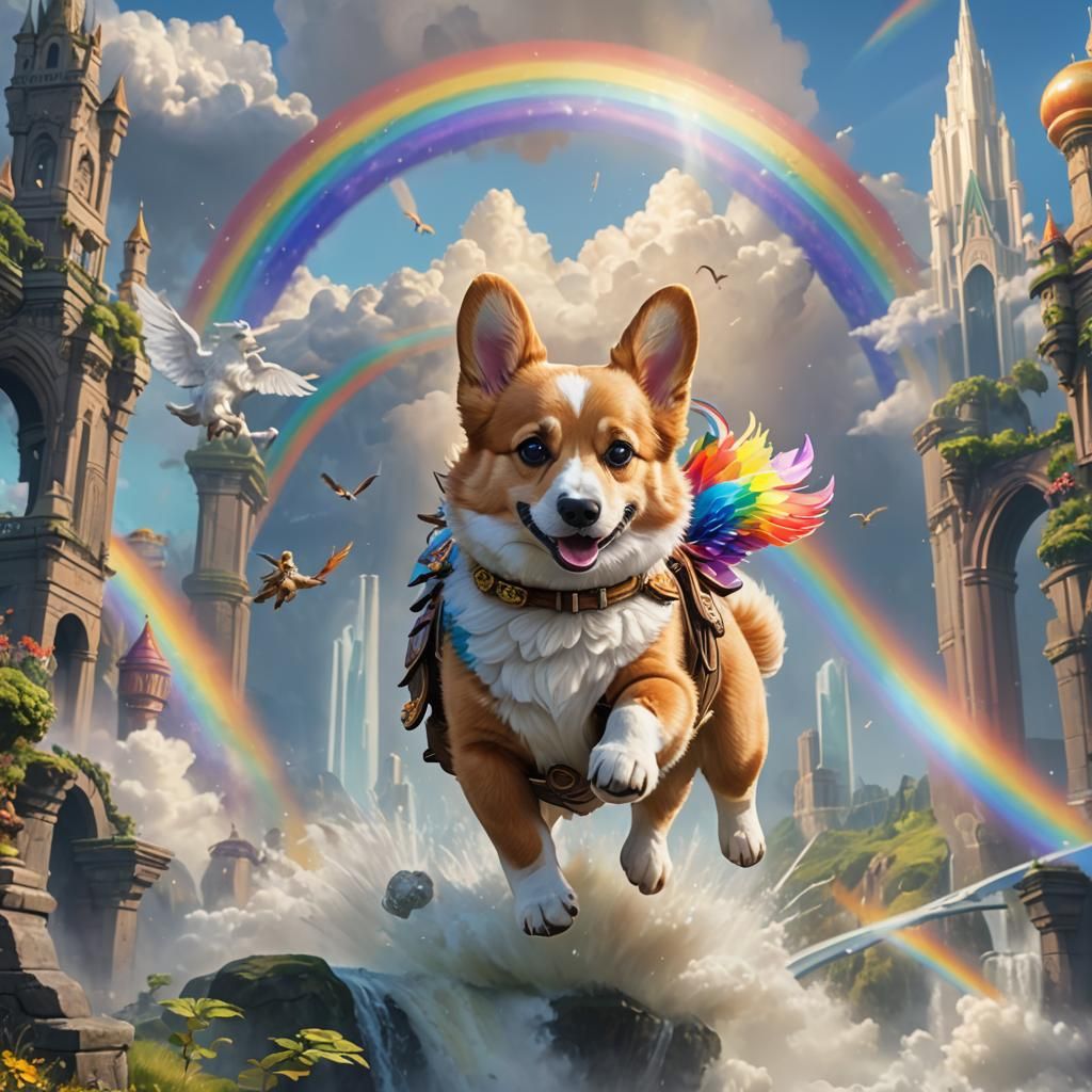 Corgi on Pegasus Rainbow Bridge Fantasy Art