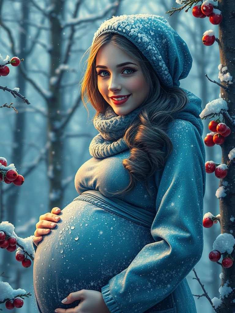 Pregnant Woman in Snowy Forest, Anime Art Style