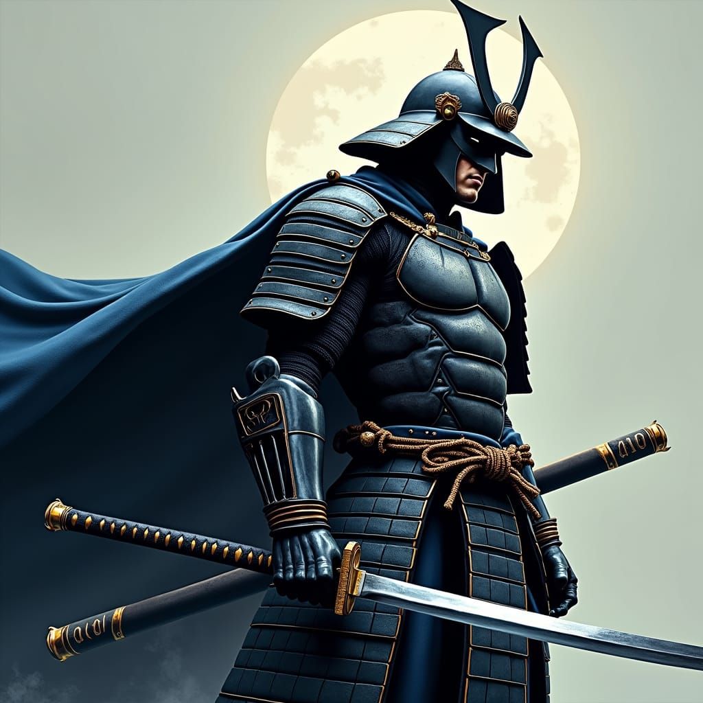 Futuristic Samurai with Batman Silhouette in Cyberpunk Style