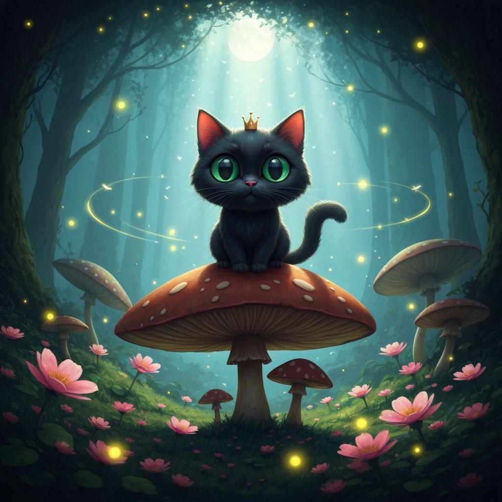 Enchanted Black Cat in Forest Digital Painting