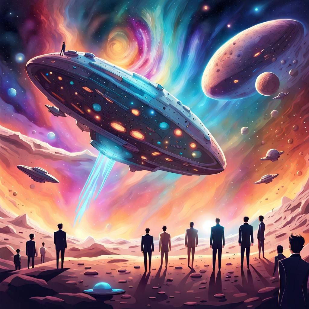 Futuristic Spaceship and Alien Gathering Near a Star