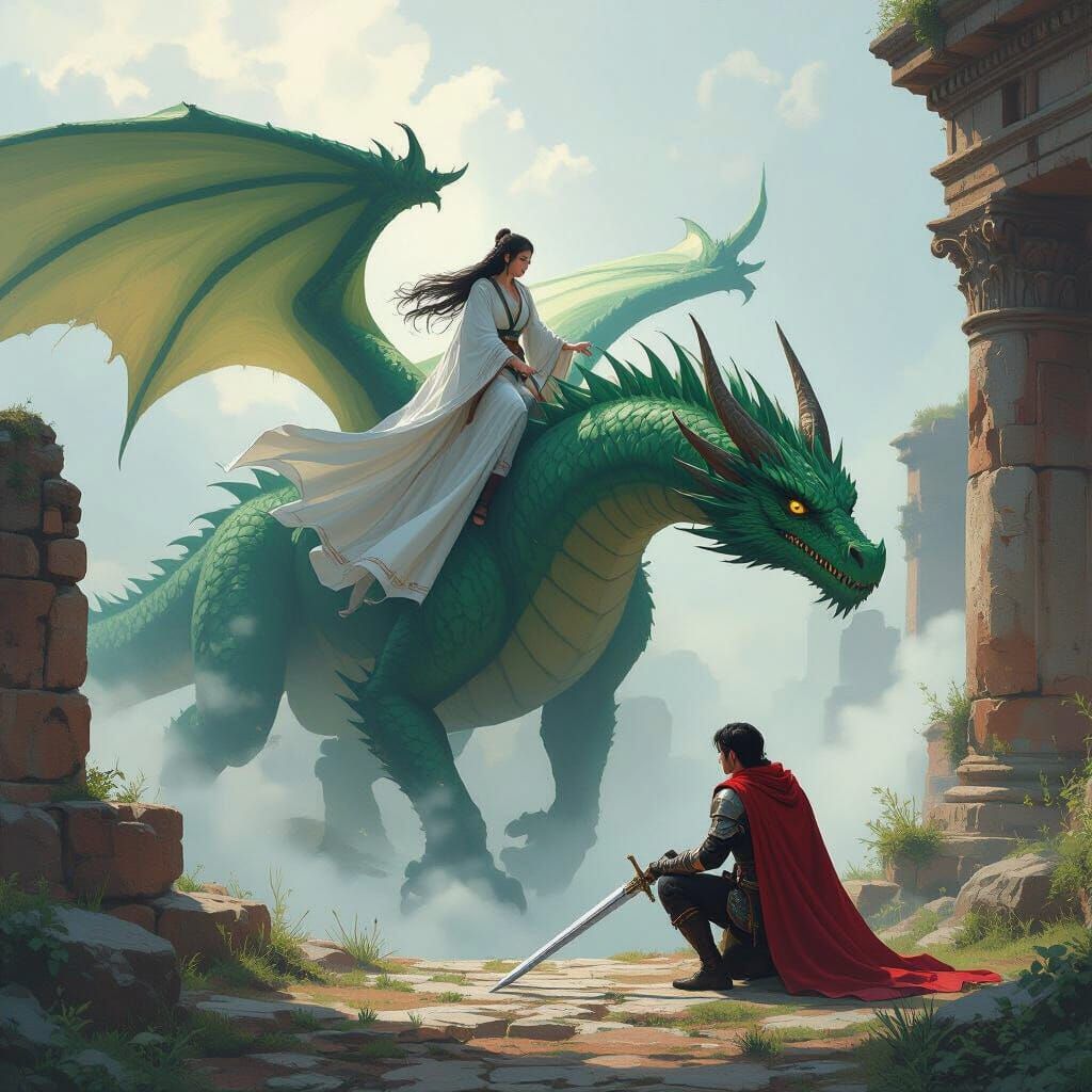 Elven Rider on Dragon Emerging from Roman Ruins