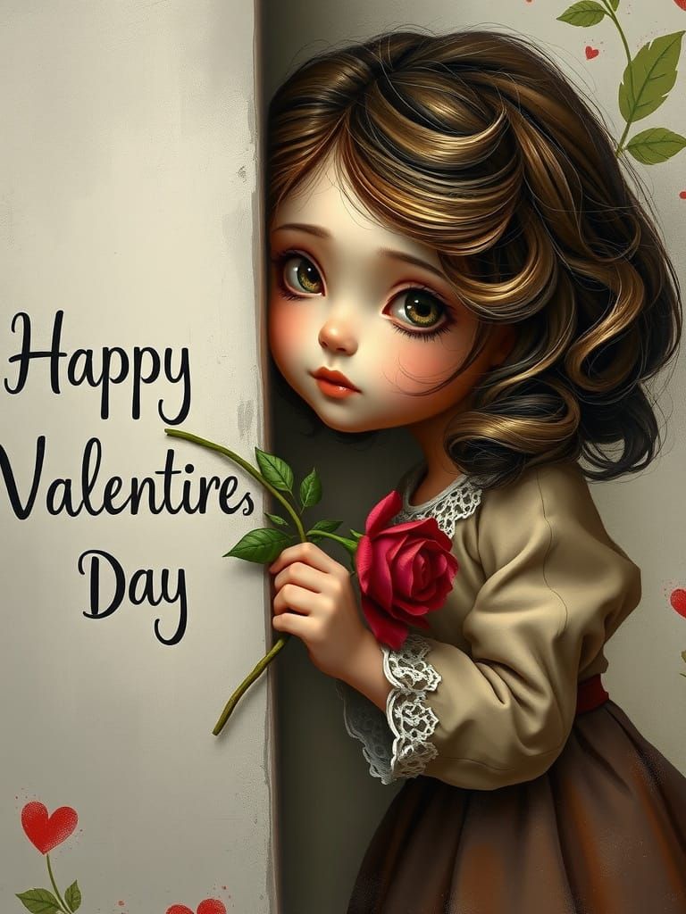 Whimsical girl, Airbrush, whimsical, oil painting, hyperrealism of a cute little whimsical girl with wavy hair peeking o...