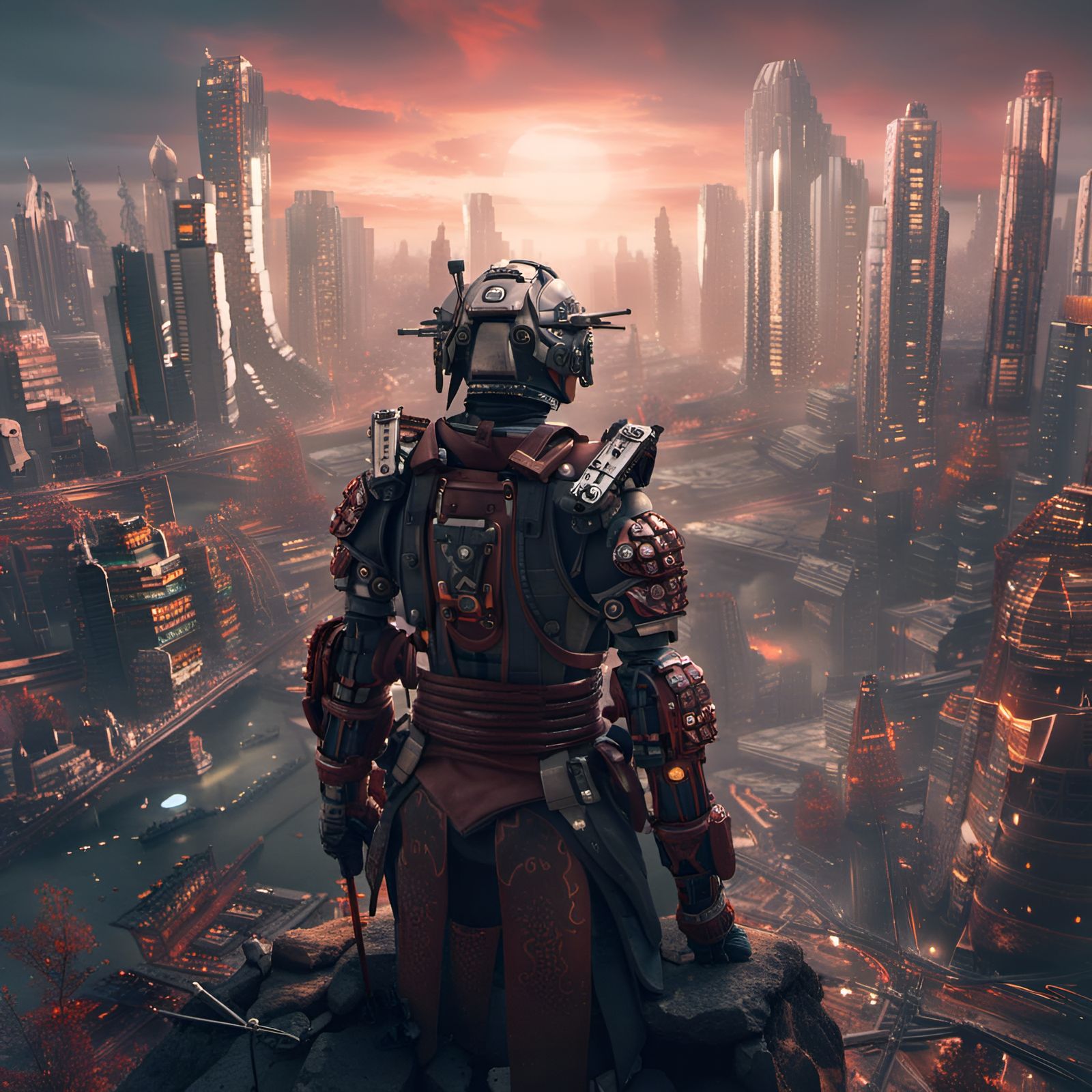 mechanical samurai looking over a robotic megalopolis