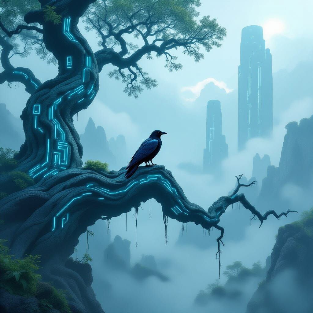Crow on Ancient Tree in Alien Landscape