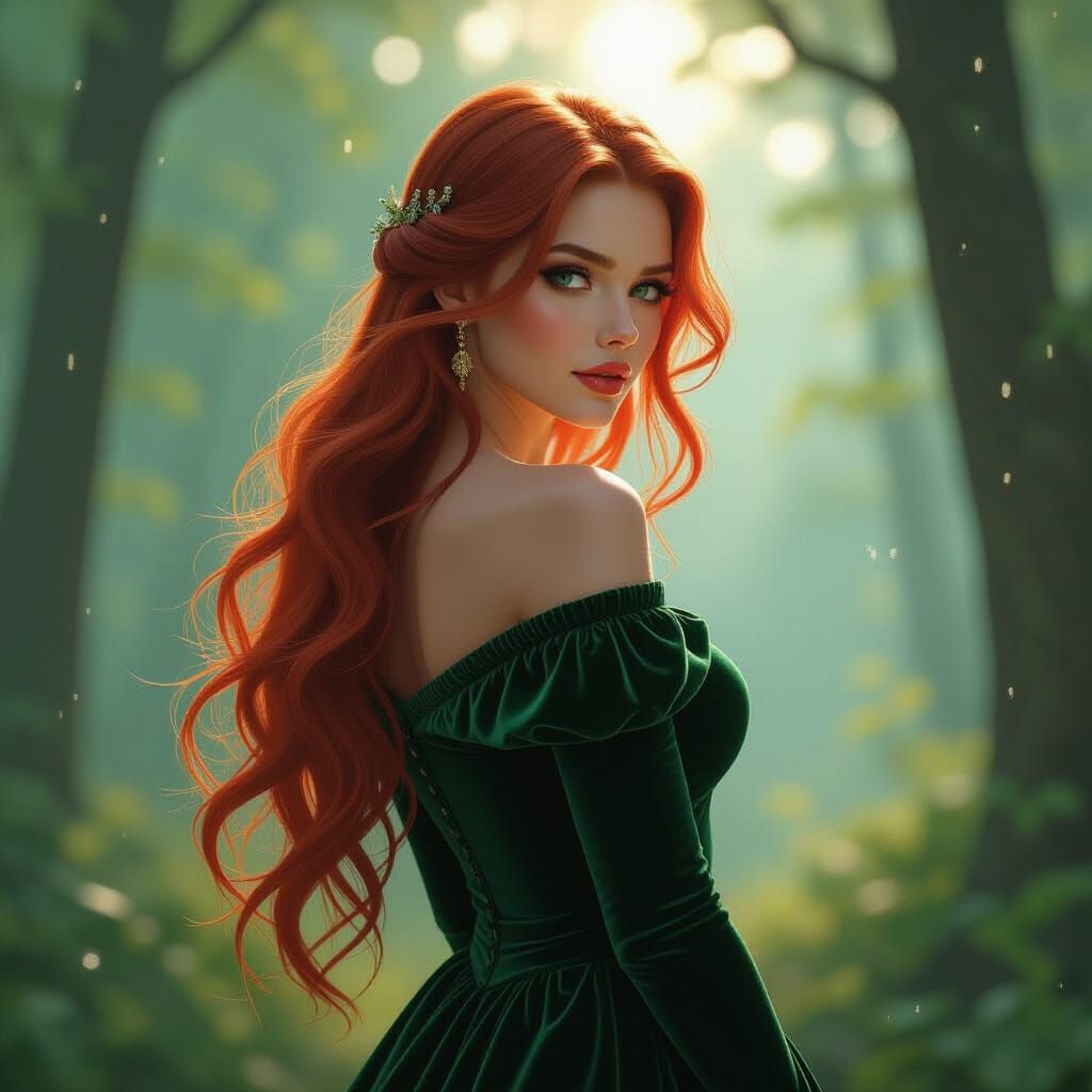 portrait of a magical maiden with long flowing red hair, wearing green velour draped off-shoulder dress, looking over sh...