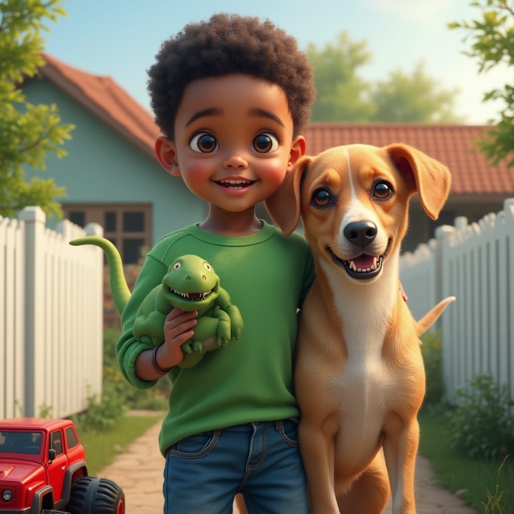Hyperrealistic Boy with Dog in Suburbia