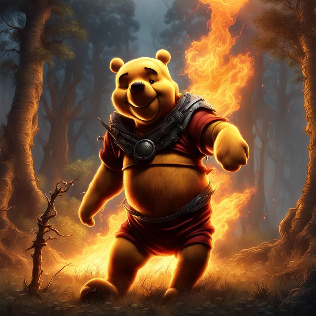 Winnie the Pooh Warrior in Burning Landscape