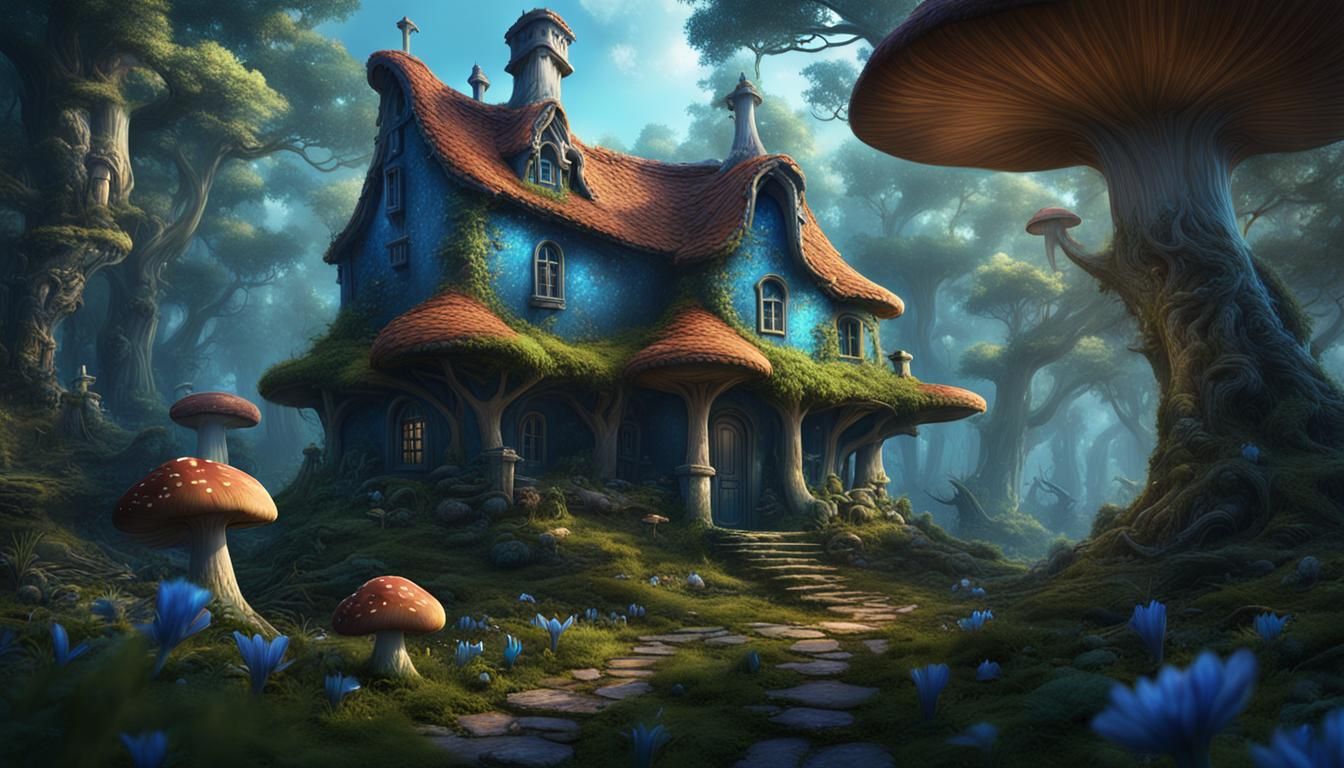 Fairy House in Blue Mushroom Forest: Fantasy Art