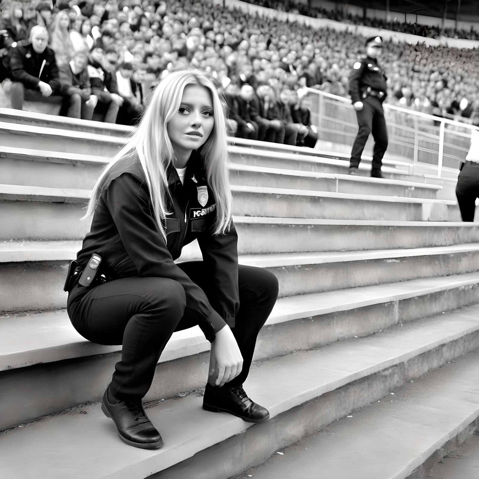 Lively Stadium Scene: Black and White Candid Photo