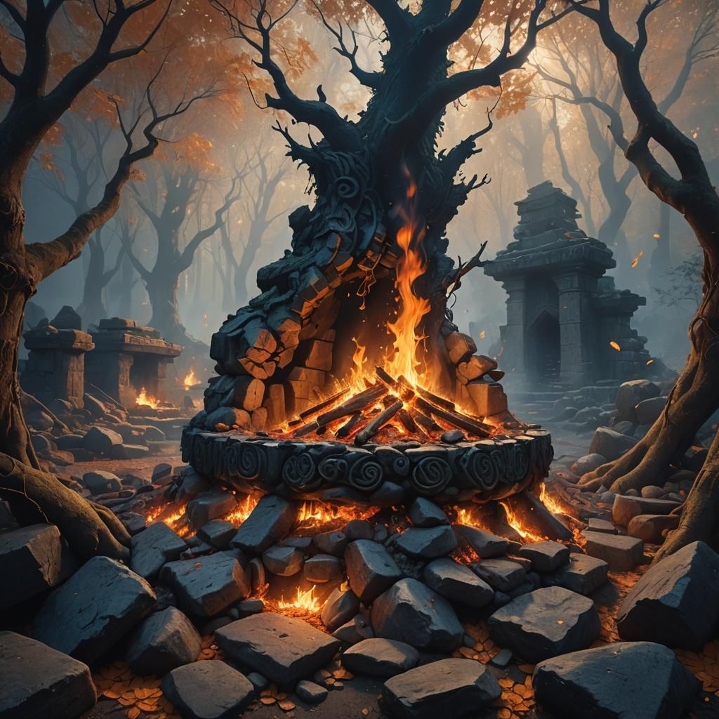 Mystical Forest Hearth with Burning Fire