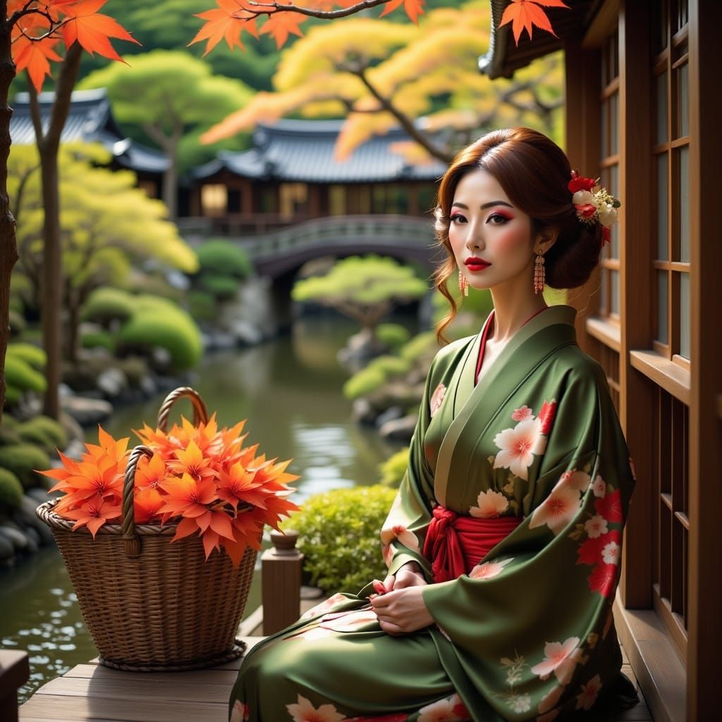 Geisha in Autumn Landscape with River and Bridge