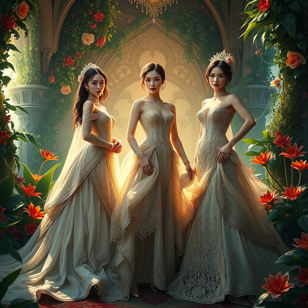 Glamorous Women in Opulent Gowns, Dreamlike Environment