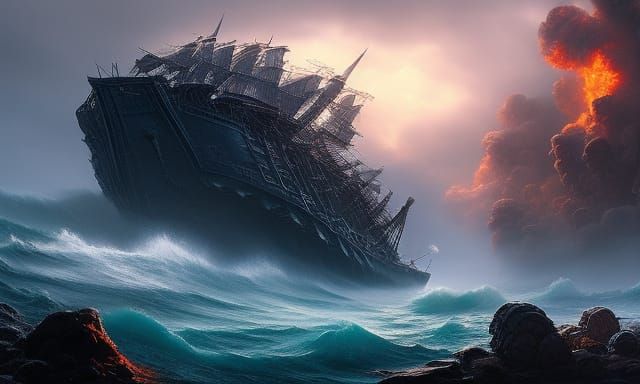 destroys an armada of pirate ships in severe weather in the ocean