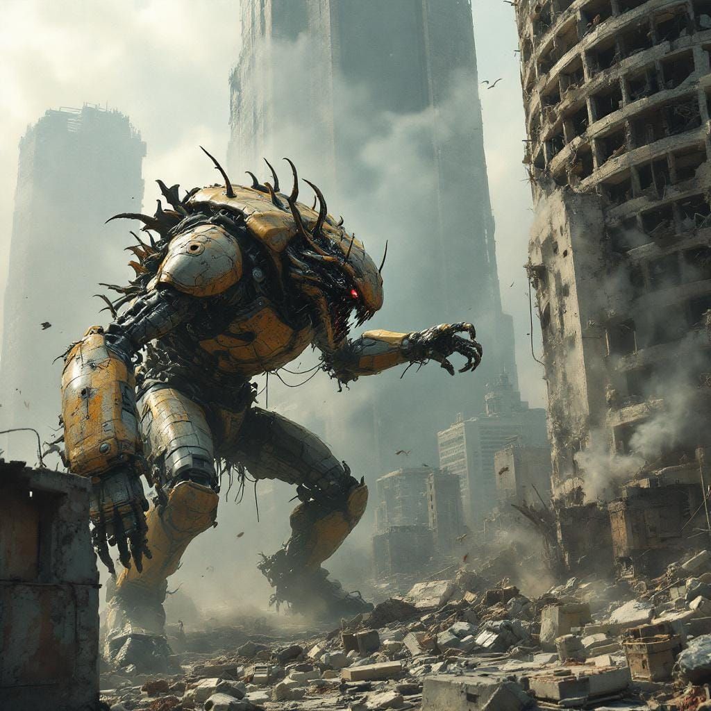 Epic Kaiju versus Mech Battle in Destroyed Cityscape