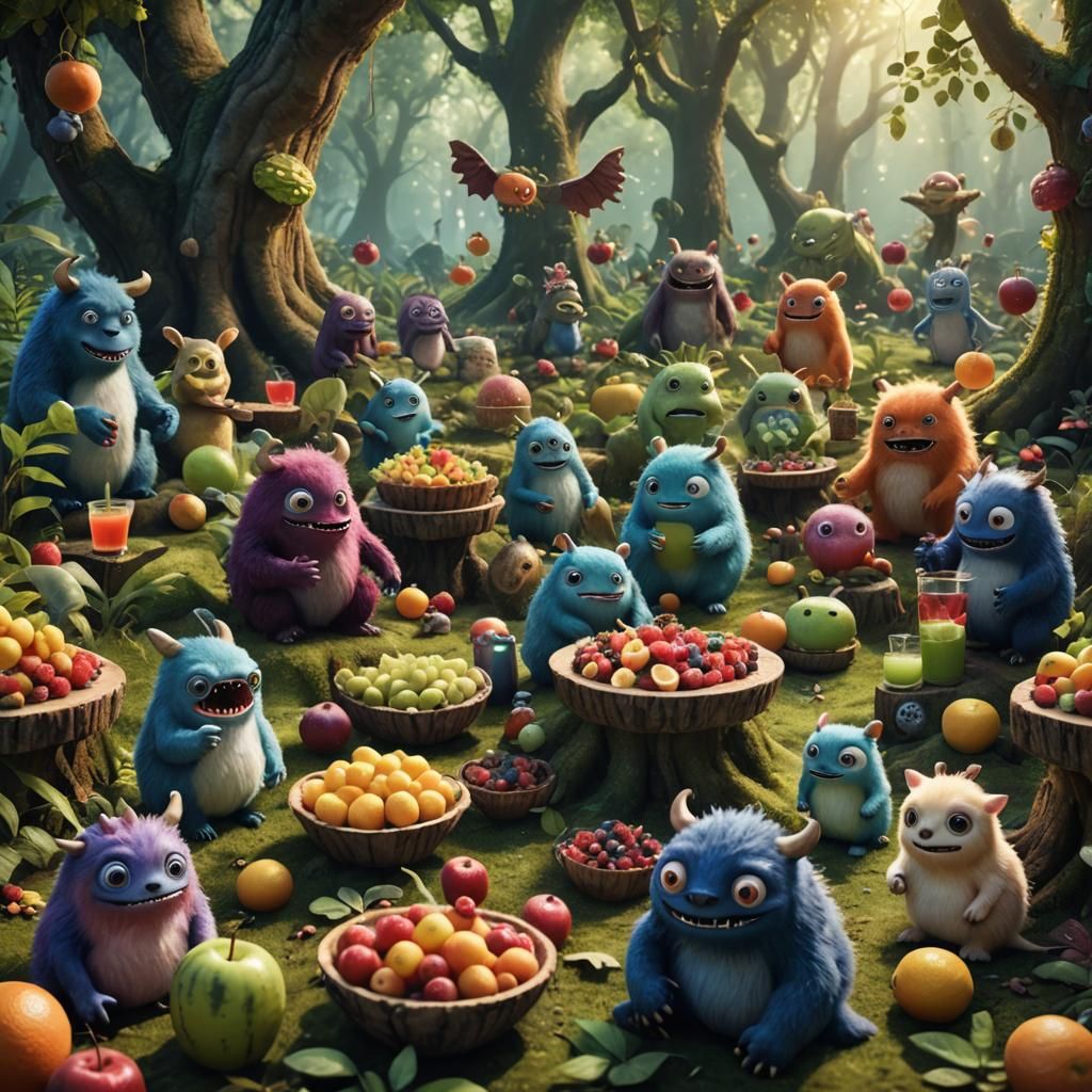a scene of adorable cute monsters and tiny animals eating foods an drinking fruit juices in a gorgeous and magic forest ...