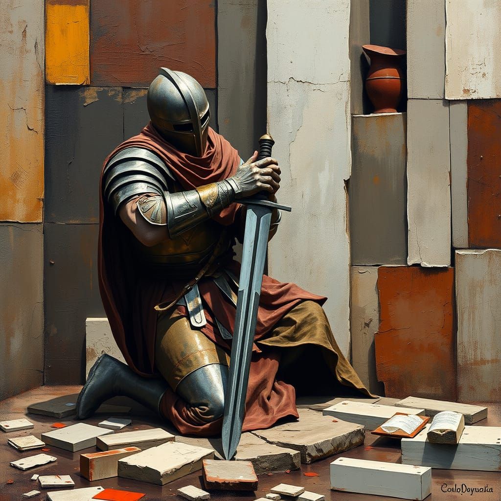 Templar Contemplation with Cubist Elements and Impasto Textu...