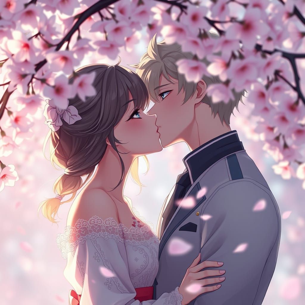 Anime Lovers Under Cherry Blossoms in Soft Ethereal Light
