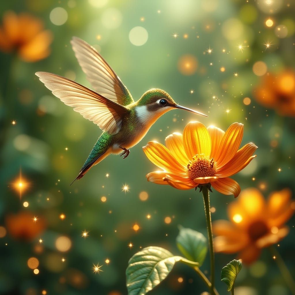 <lora:Exquisite Flux:1.0> A tiny hummingbird, having navigated a perilous journey through a garden teeming with unseen d...
