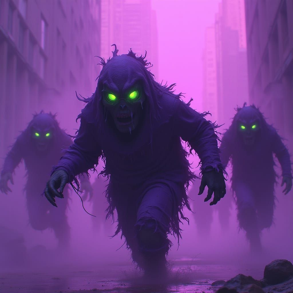 Monsters Fleeing Purple Fog in Futuristic Style