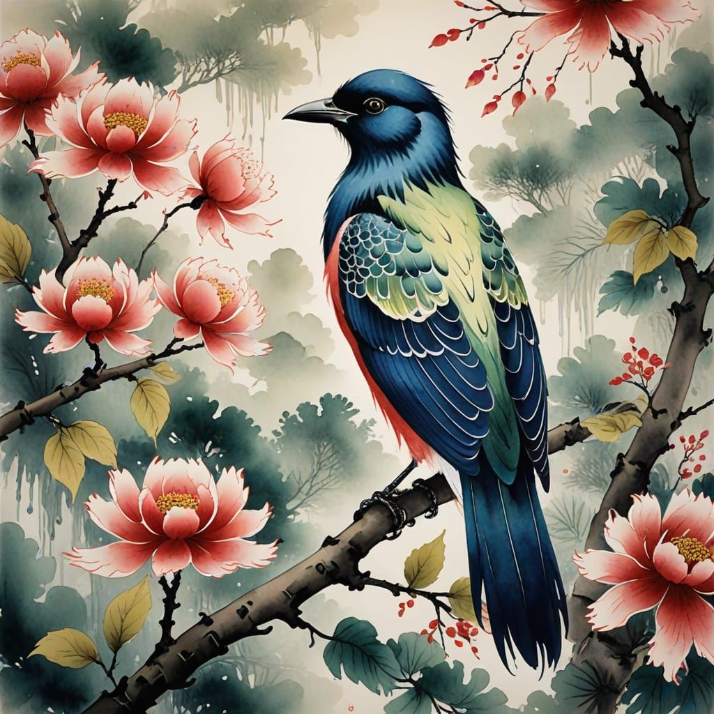 Majestic Fenghuang Bird in Vibrant Chinese Watercolor