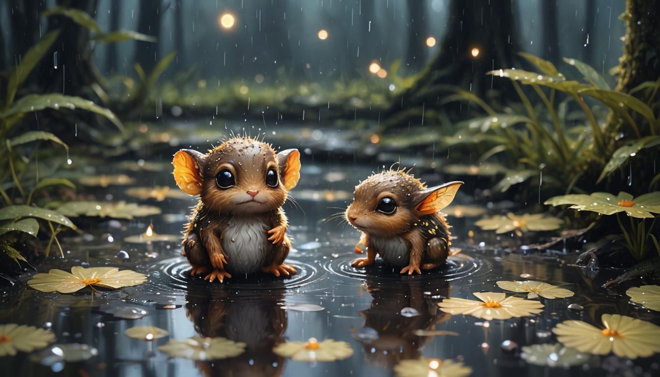 Tiny Creature in Rainy Forest, Oil Painting