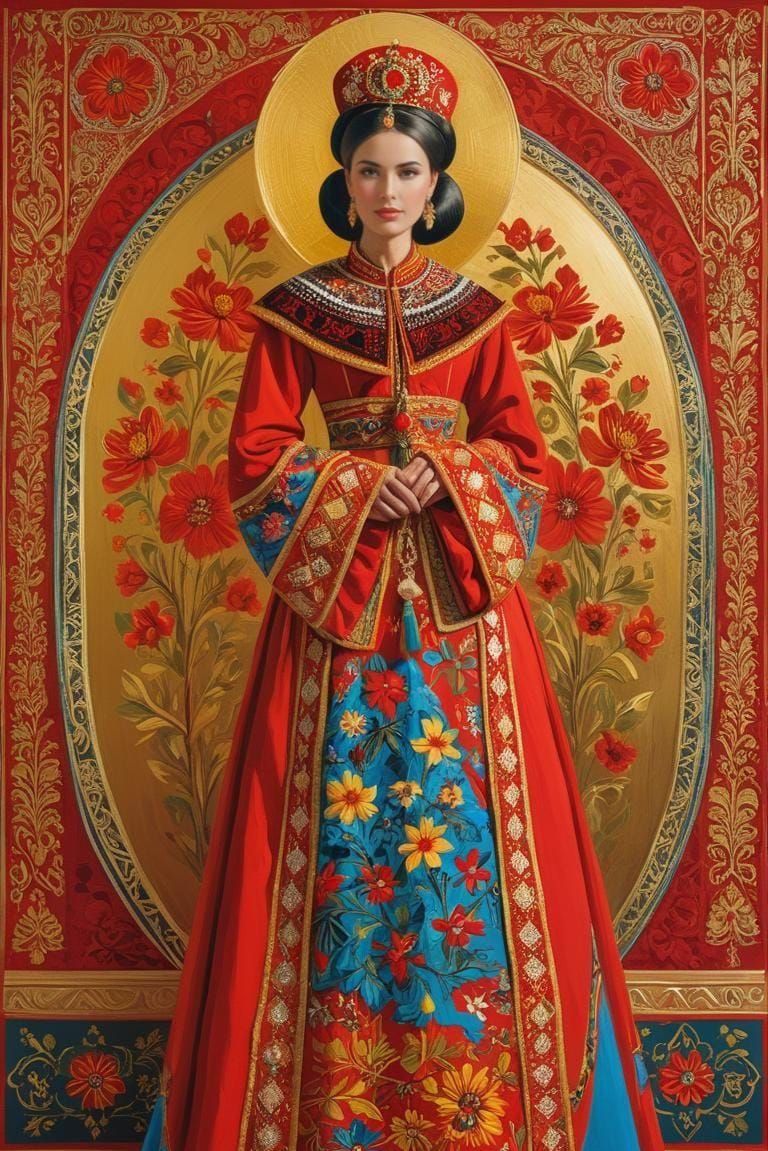 Tsarina Eudoxia in Red Pre-Petrine Folk Art
