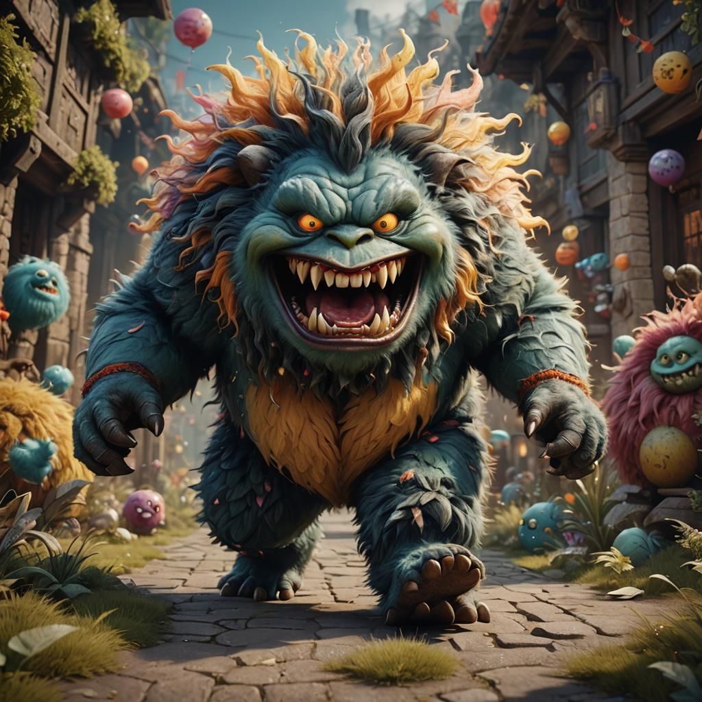 Fluffy Monster Plays and Screams in Detailed Digital Art