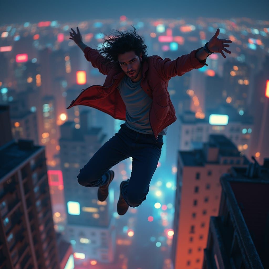 Hero Soars Through Neon-Lit Metropolis in Slow Motion Flight