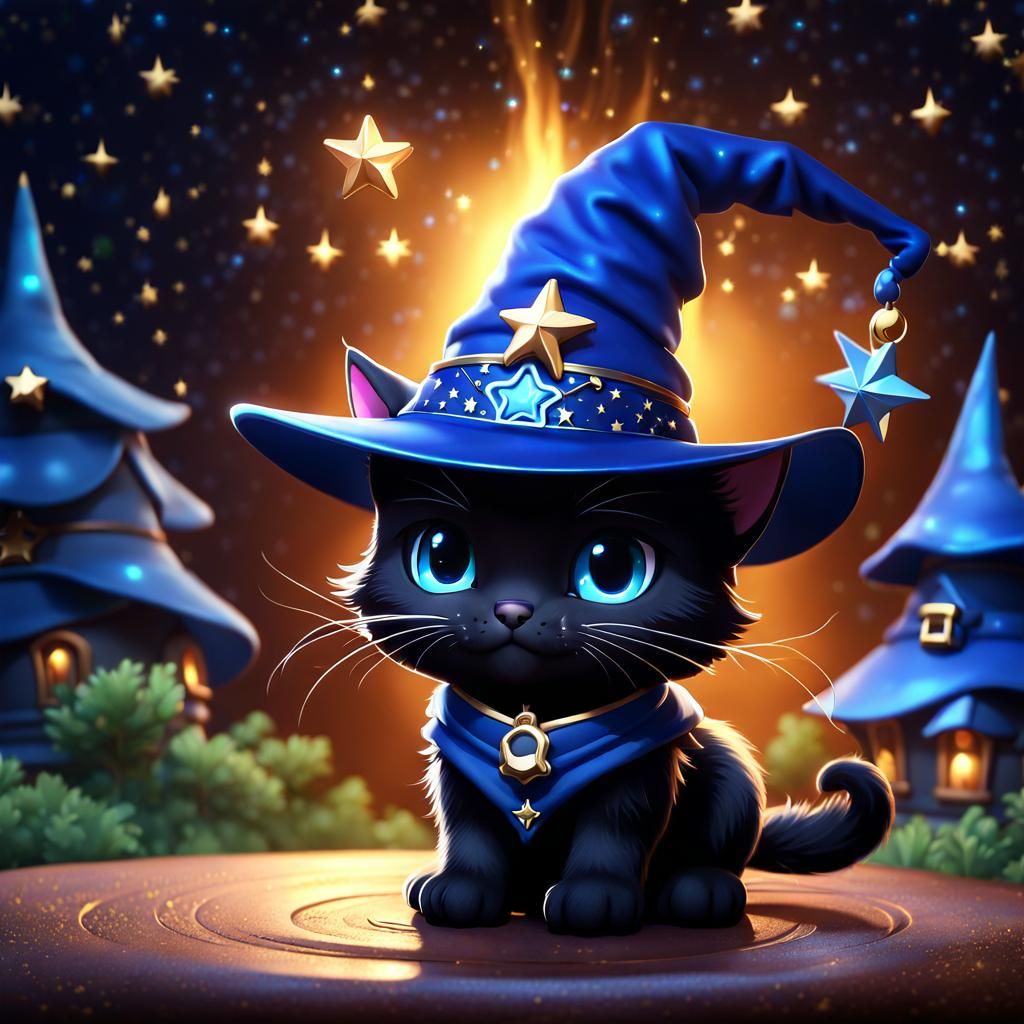 Chibi Black Cat Puppy in Wizard Hat