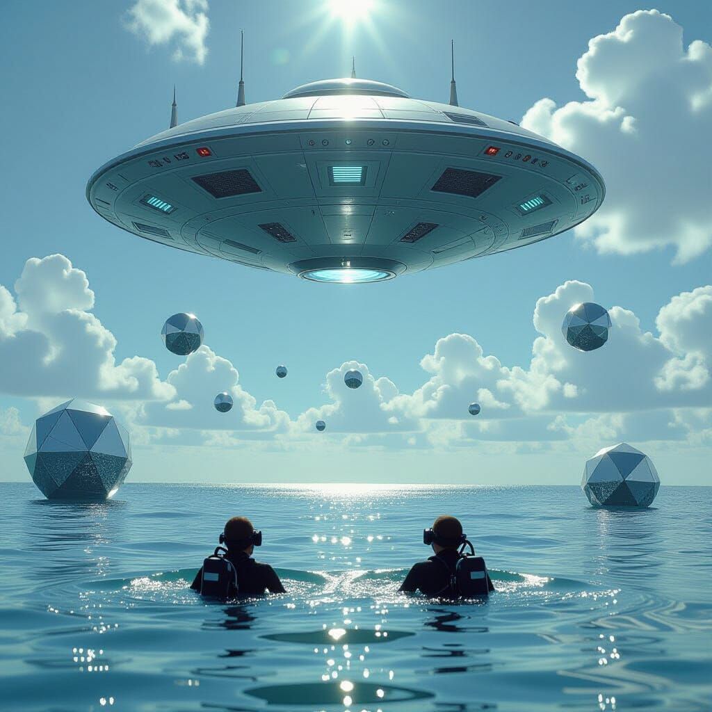 Flying Saucer Over Ocean in Retro-Futuristic Style