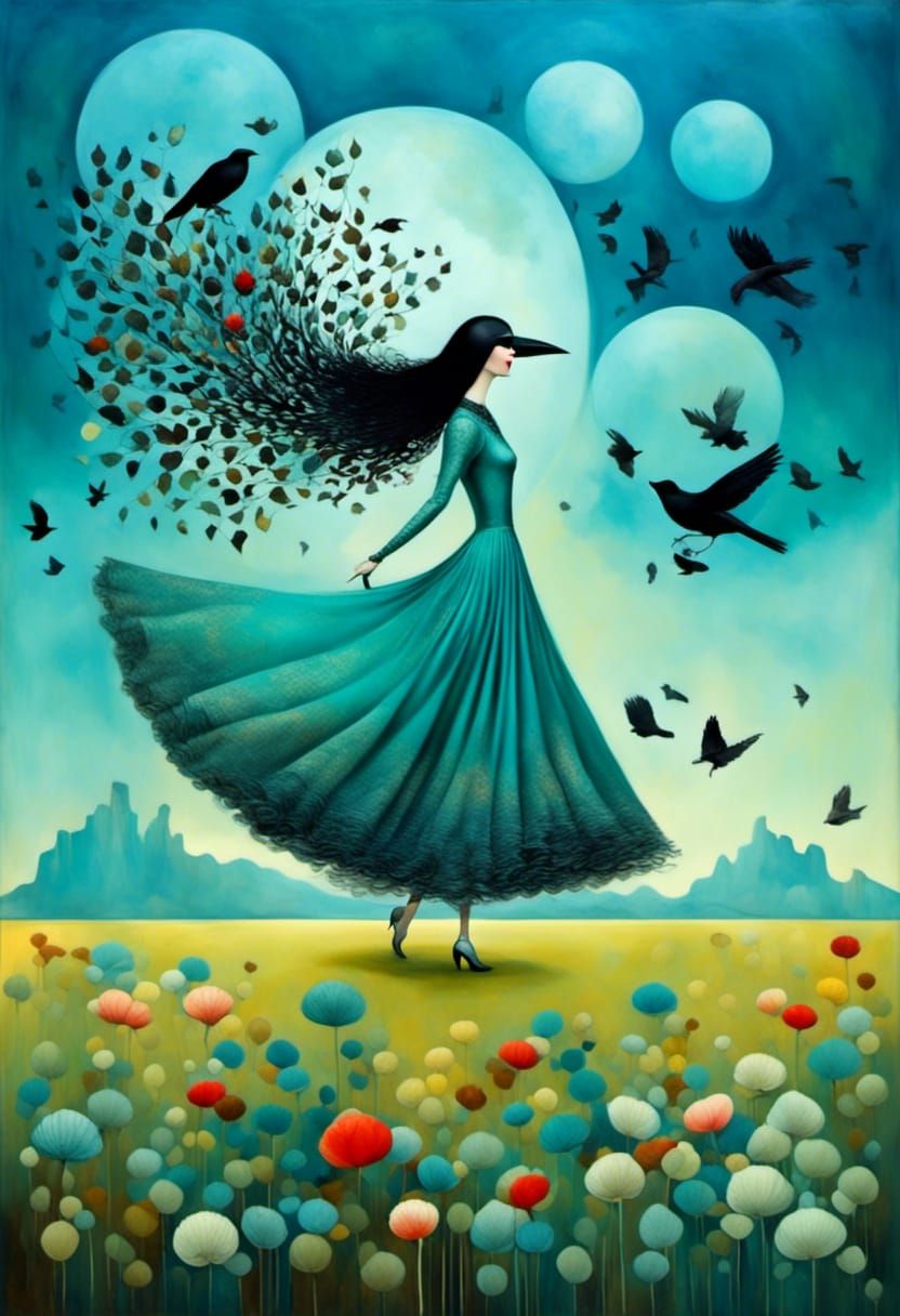 Iridescent Crow Portrait in Baroque Art Deco Style