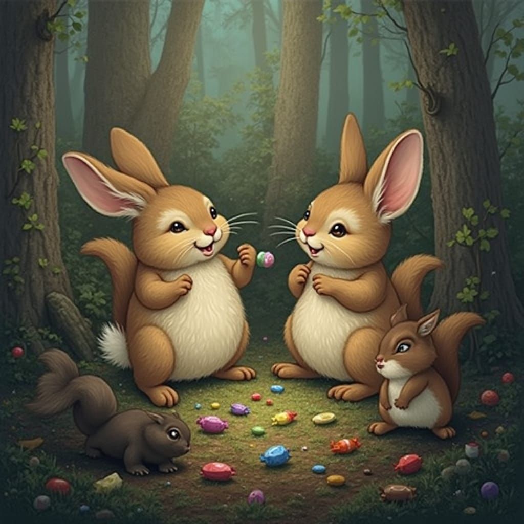 Whimsical Bunnies and Squirrels Enjoying Candy in Forest