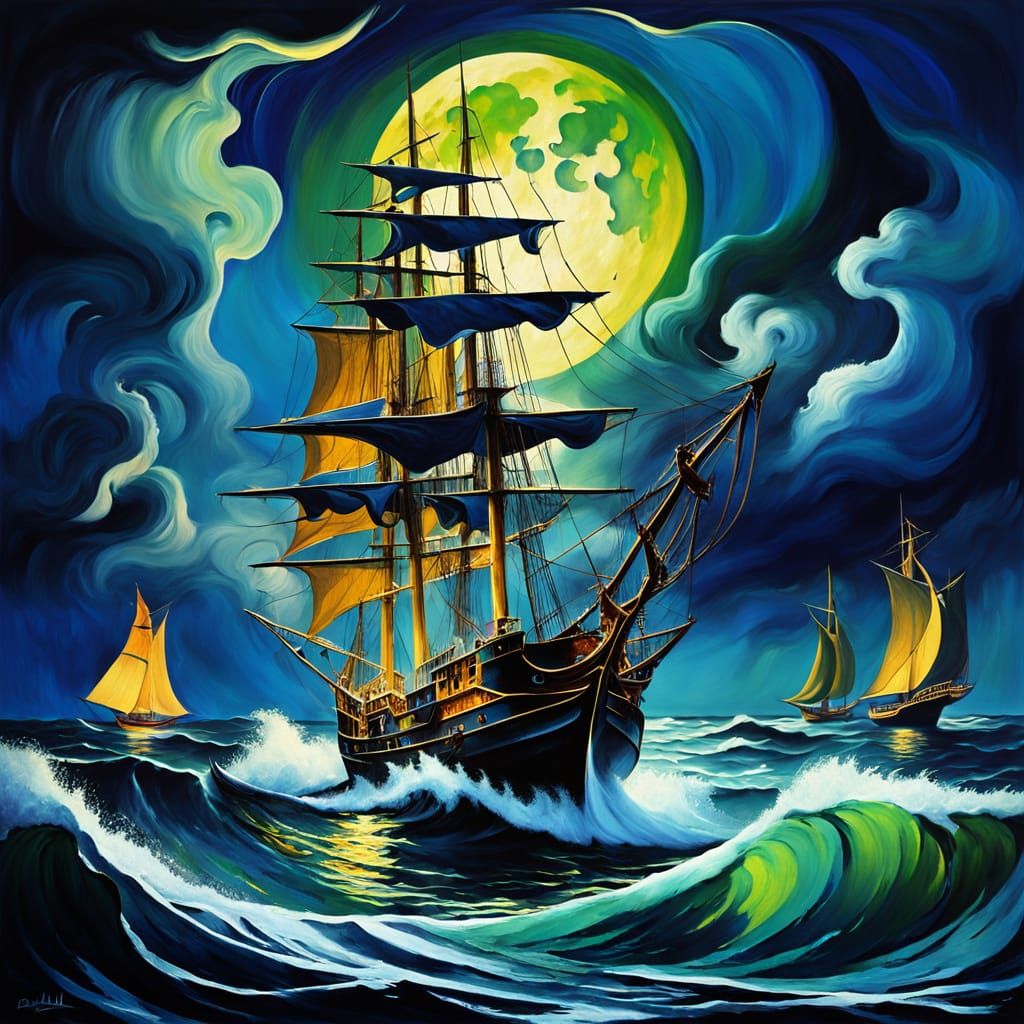 Surreal Tall Ships in Stormy Weather, Dali Style